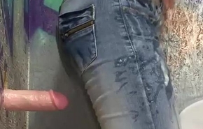 Glamorous babe in acquisitive jeans sucks bukkake toy